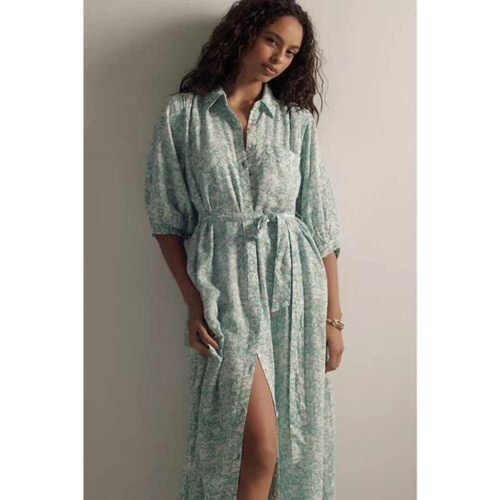 NWT Anthropologie The Irene Linen Shirt Dress by Maeve Sz XSP Petites Sky #8F402